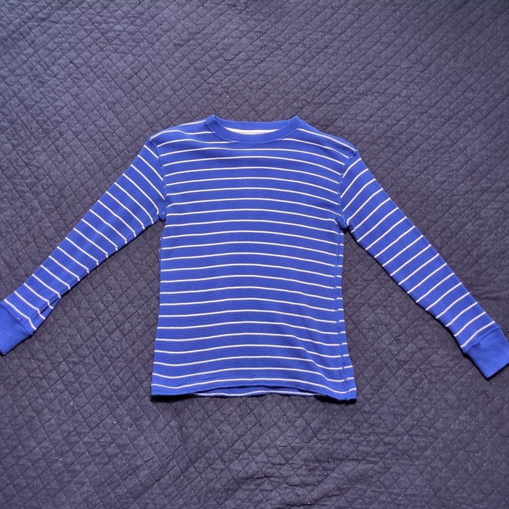 The Childrens Place Girls Blue White Striped Waffle Knit Thermal Top Large 10/12